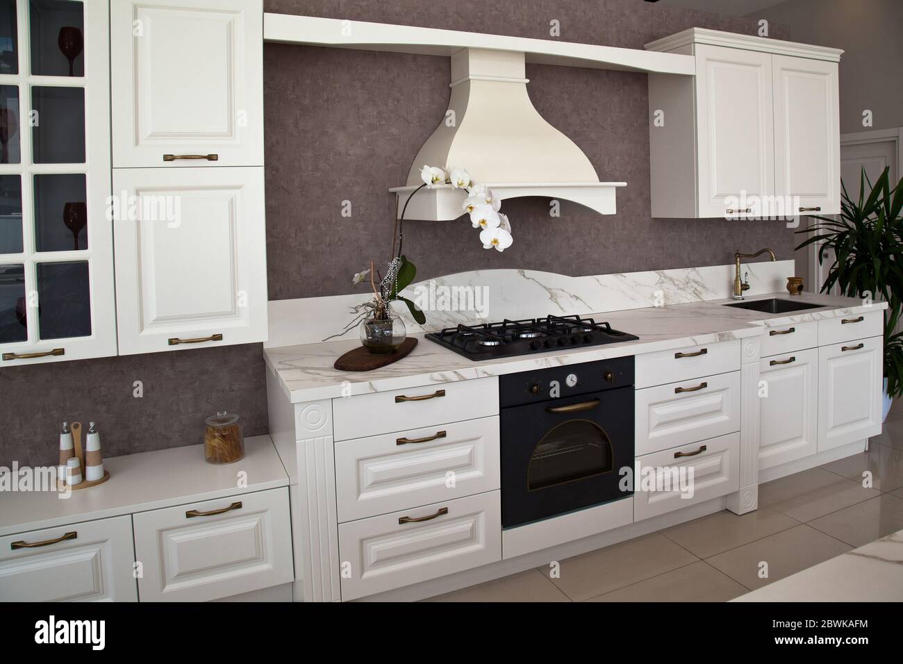 Interior of luxurious modern kitchen equipment, white cabinets Stock Photo