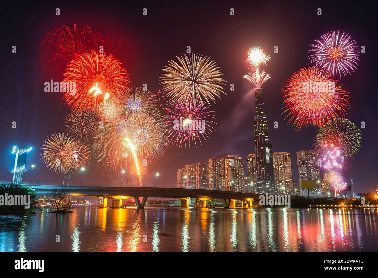 High resolution image of colorful fireworks of Ho Chi Minh