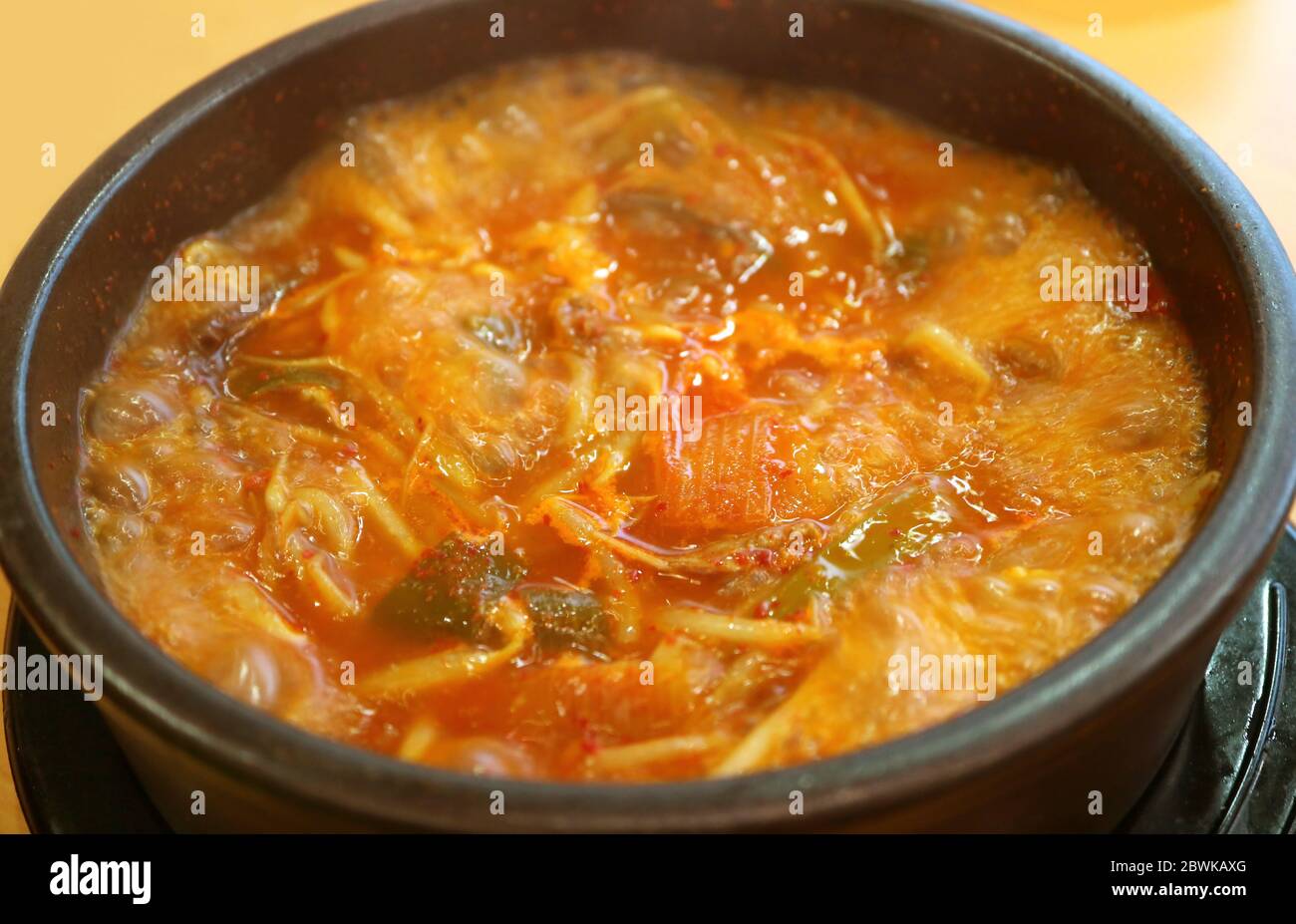 Closeup a Pot of Korean Hot and Spicy Kimchi Stew or Kimchi Jjigae