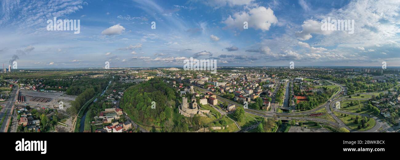 Aerial panoramic photo of Bedzin city and Bedzin medieval castle. Stock Photo