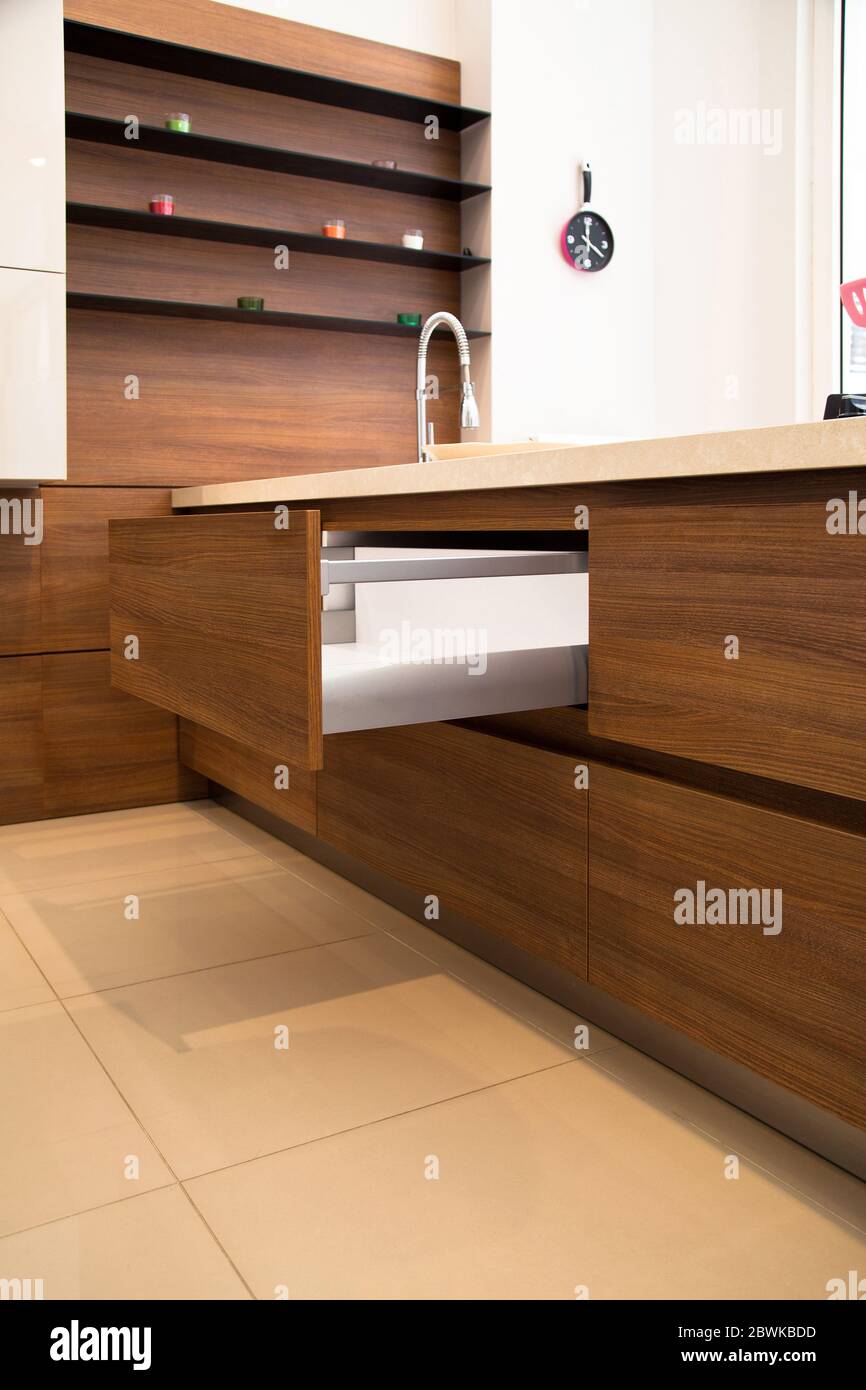 Interior Of Luxurious Modern Kitchen Equipment White And Walnut Cabinets Stock Photo Alamy