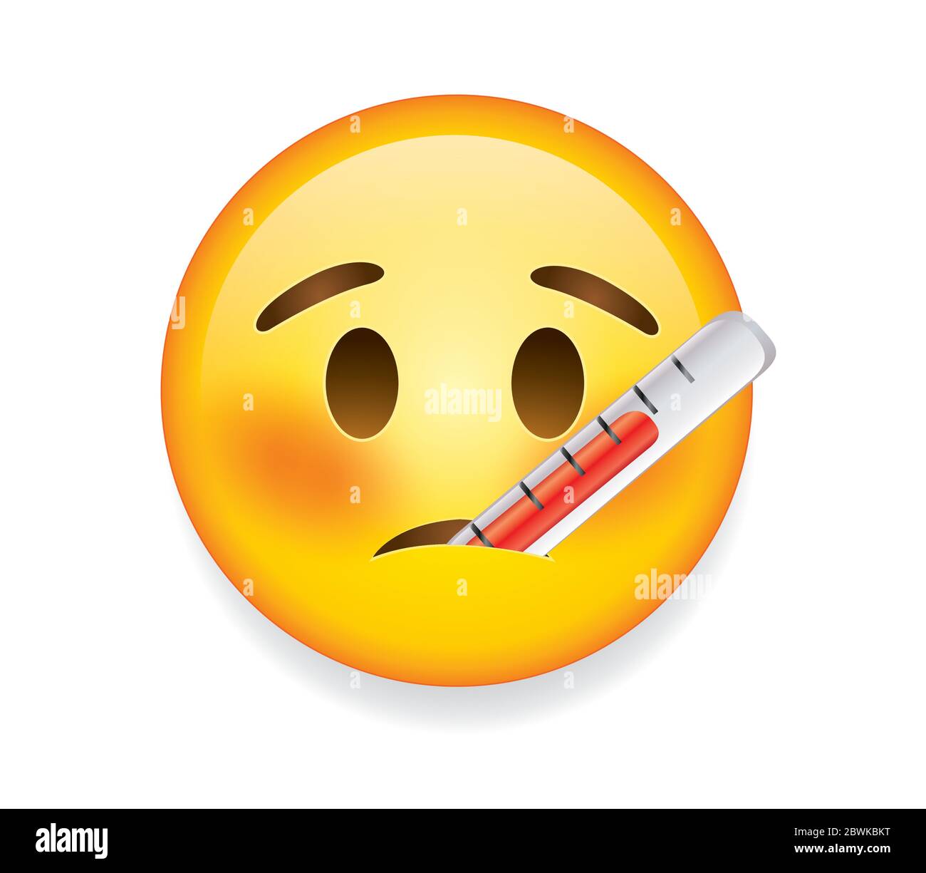 Popular chat elements. Trending emoticon.High quality emoticon on white background.Sick emoji, yellow face with raised eyebrows and thermometer. Stock Vector