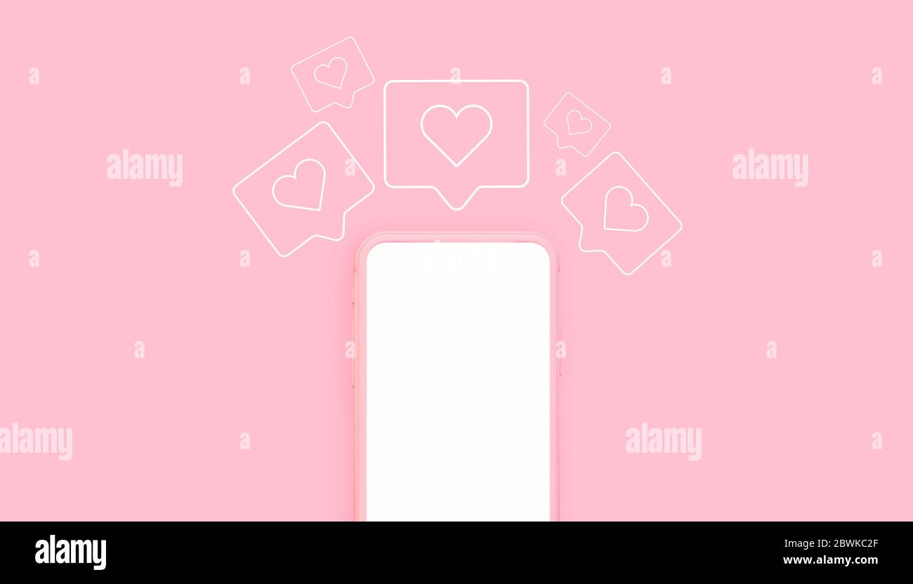 pink phone 3d rendering with likes icons Stock Photo
