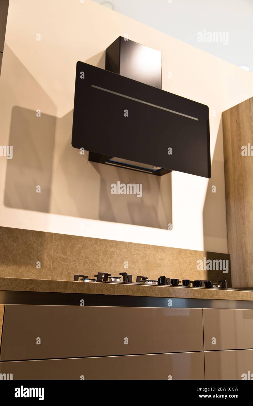 Interior of luxurious modern kitchen equipment and oak grey