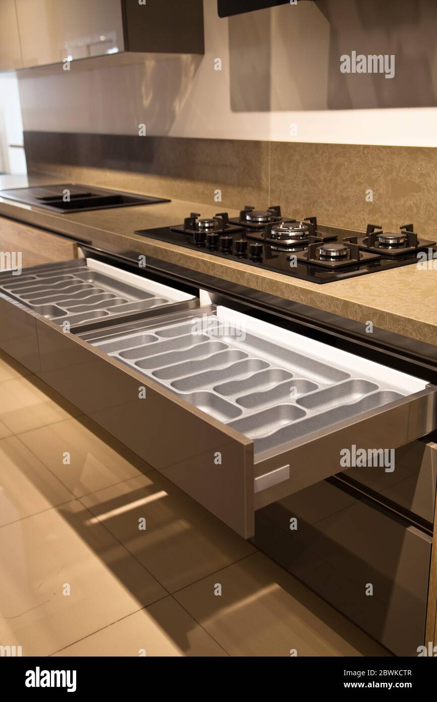 Interior Of Luxurious Modern Kitchen Equipment And Oak Grey Cabinets Stock Photo Alamy