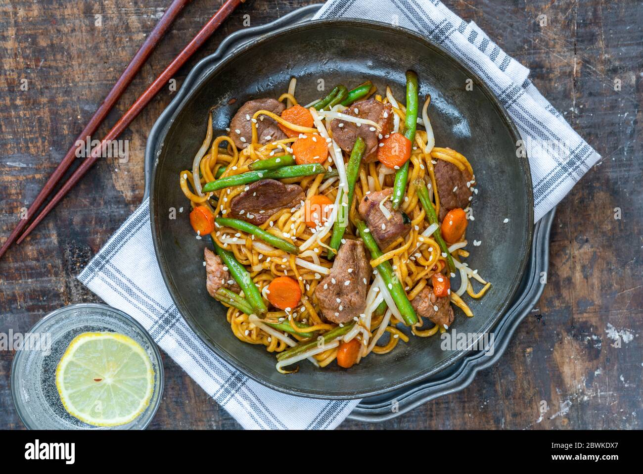 Stir fry duck fillets with noodles, vegetables and hoisin sauce Stock