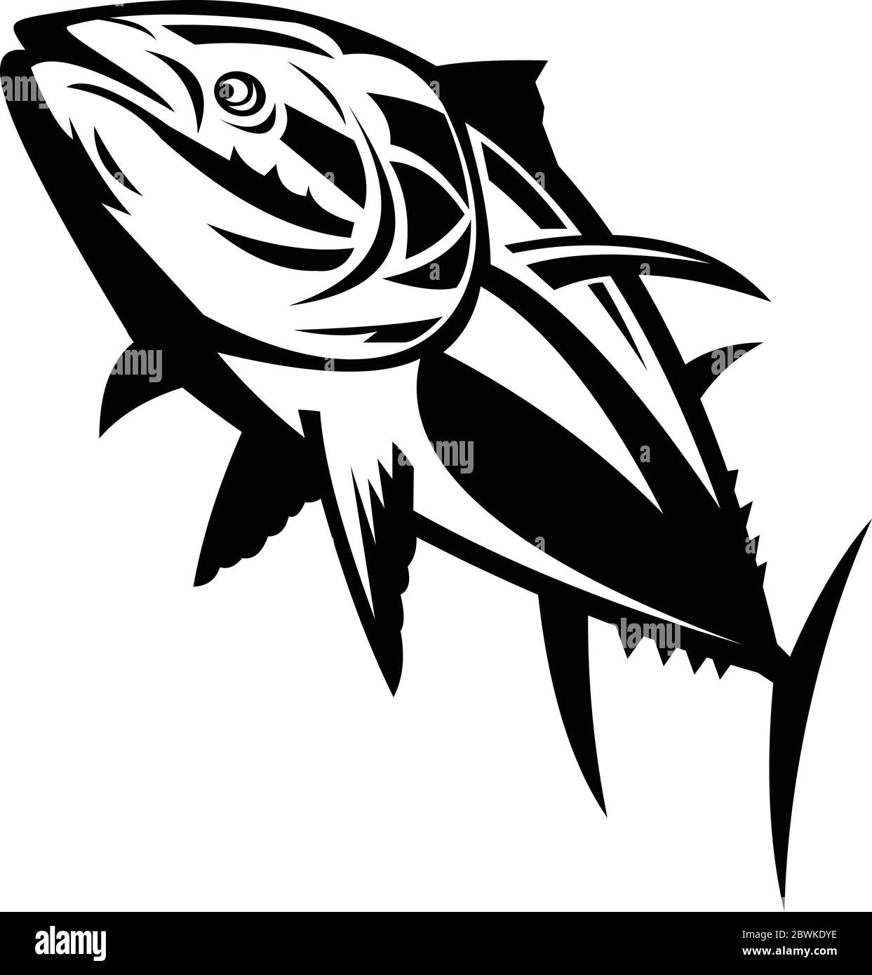 Retro style illustration of a Atlantic bluefin tuna, Thunnus thynnus, northern bluefin tuna, giant bluefin tuna or tunny, swimming up done in black an Stock Vector
