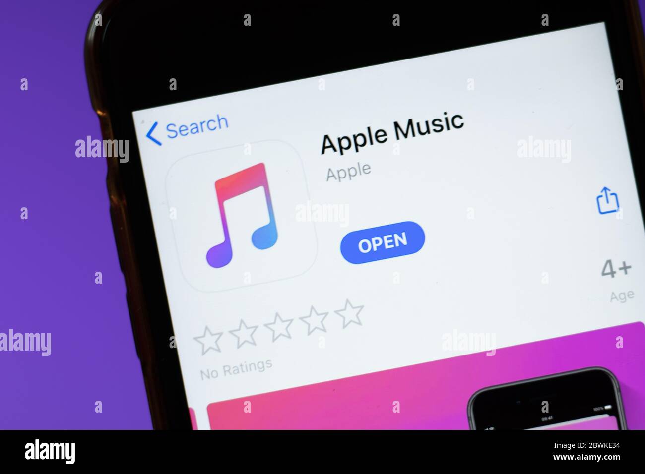 Moscow, Russia - 1 June 2020: Apple Music app mobile logo close-up on screen display, Illustrative Editorial. Stock Photo