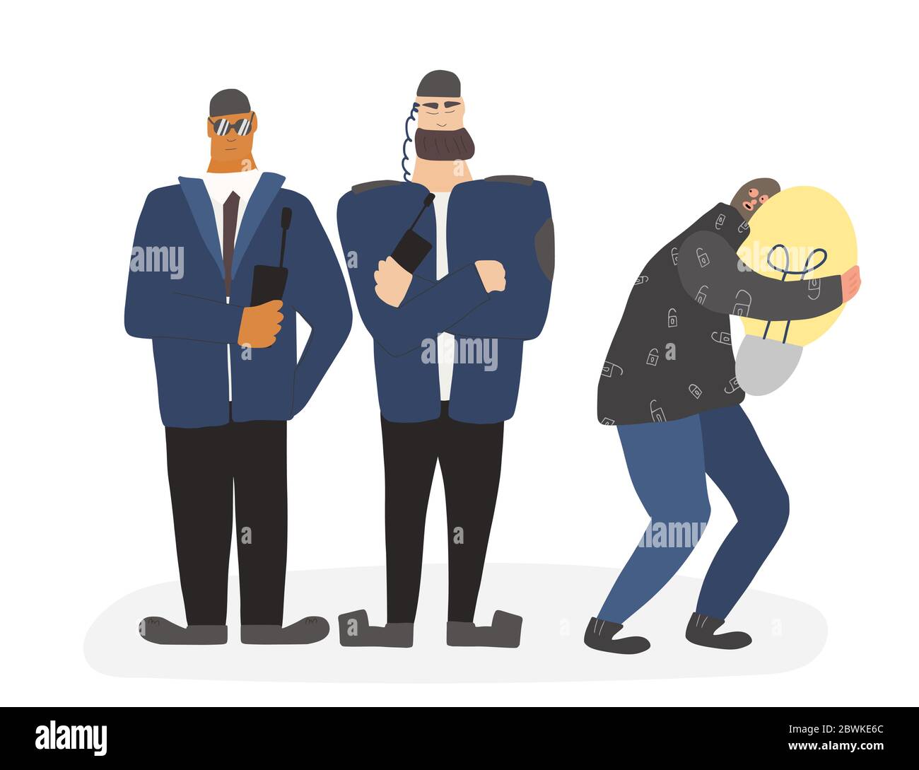 Two security guards standing with arms crossed and radio trasmitter catch a thief. Men wearing in a guards uniform  protecting idea of copyright isola Stock Vector