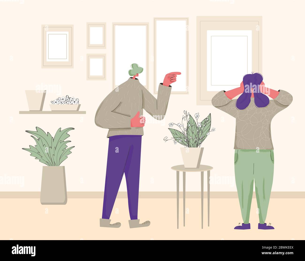 Family conflict. Pair during quarrel at home. Bad relationship between friends. Scared person putting his hands over his ears and man yelling and poin Stock Vector