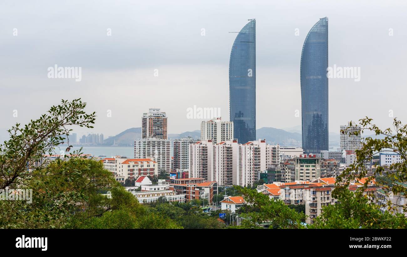 Xiamen skyline with Shimao Straits Towers. Panorama format. Stock Photo