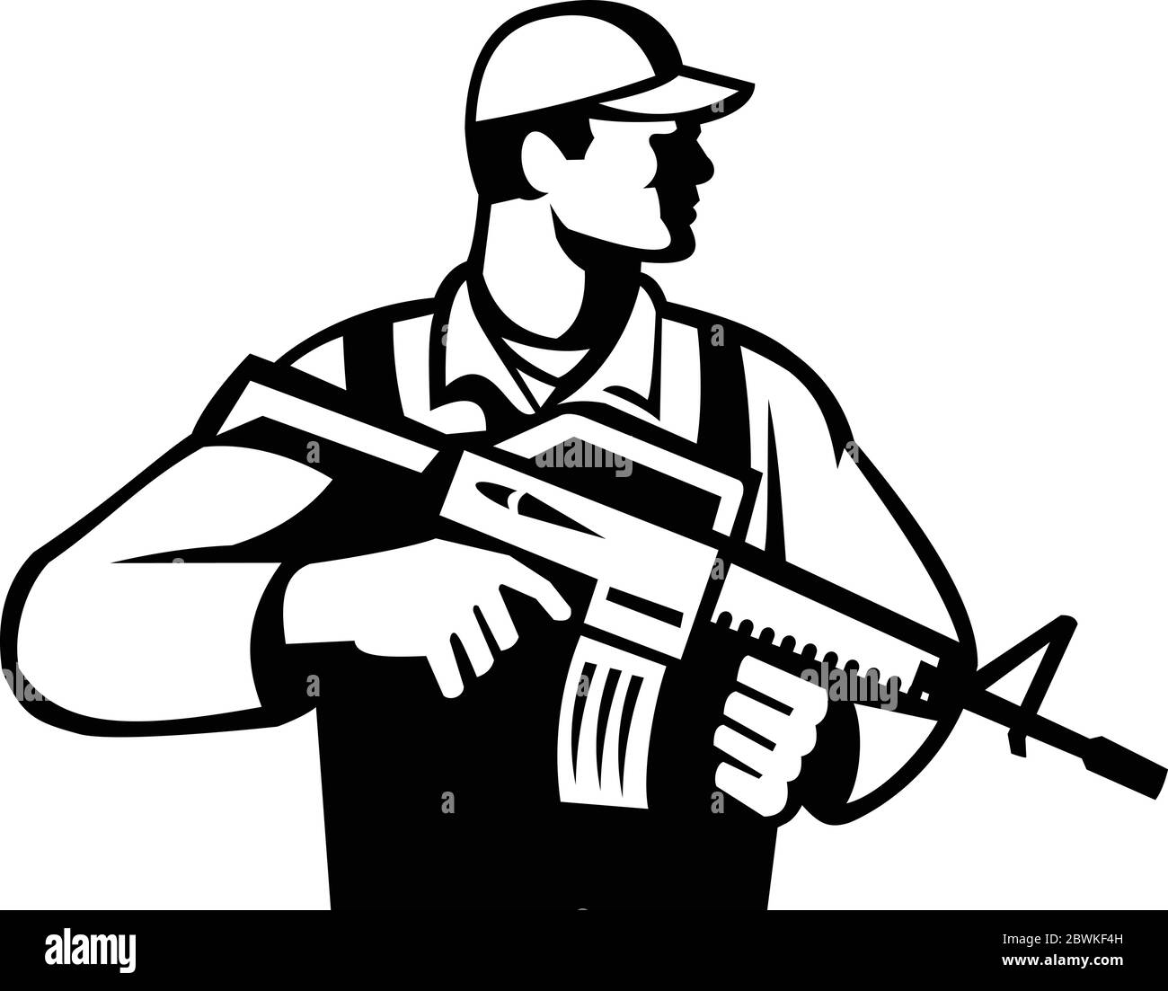 black and white Illustration of an American soldier serviceman with assault rifle facing to side looking up on isolated white background. Stock Vector