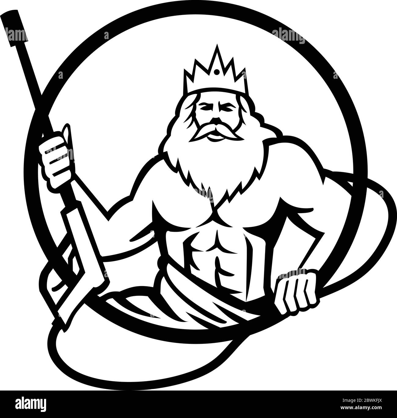Illustration of Neptune, roman god of sea holding pressure power washer water blaster viewed from front set inside circle on isolated background done Stock Vector