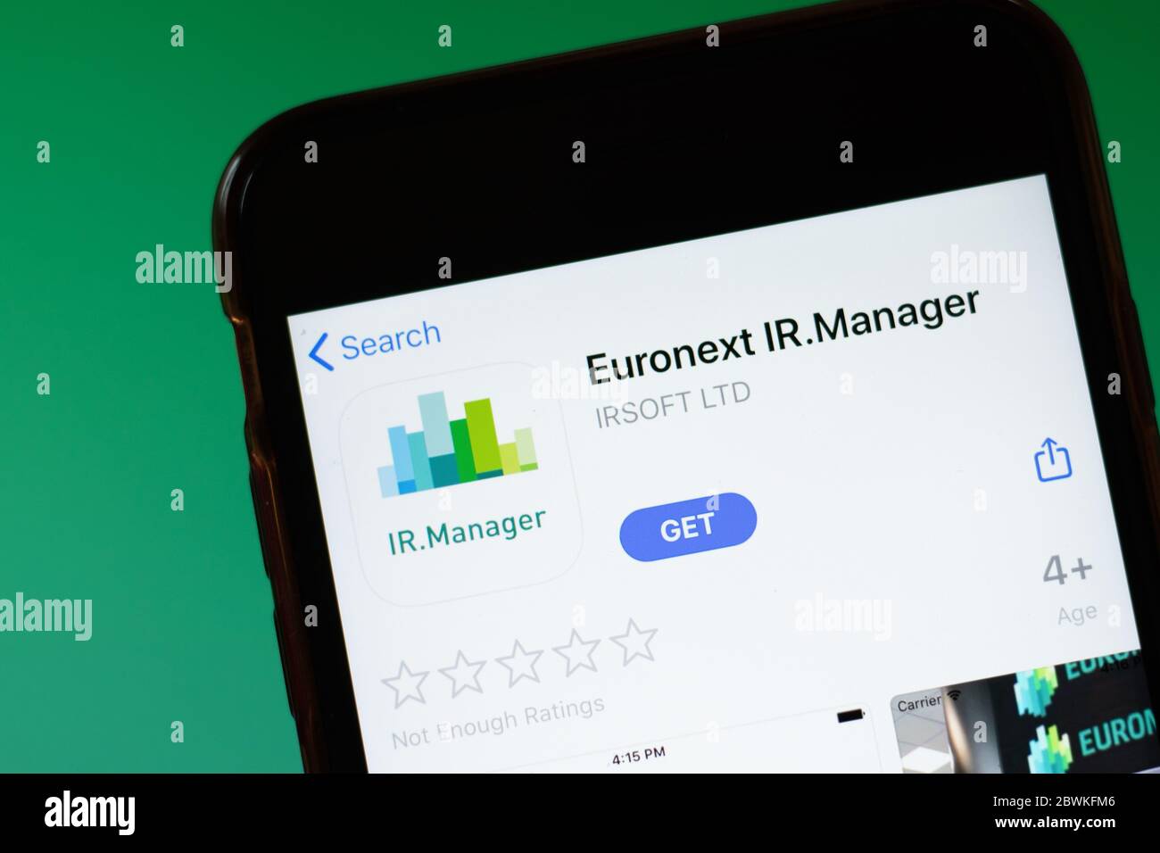 Moscow, Russia - 1 June 2020: Euronext IR.Manager app mobile logo close-up on screen display, Illustrative Editorial. Stock Photo