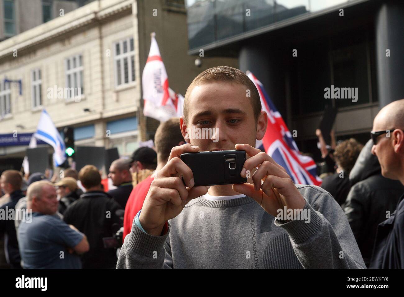 Right wing extremists from the English Defence League (EDL) face off in Tower Hamlets London Stock Photo