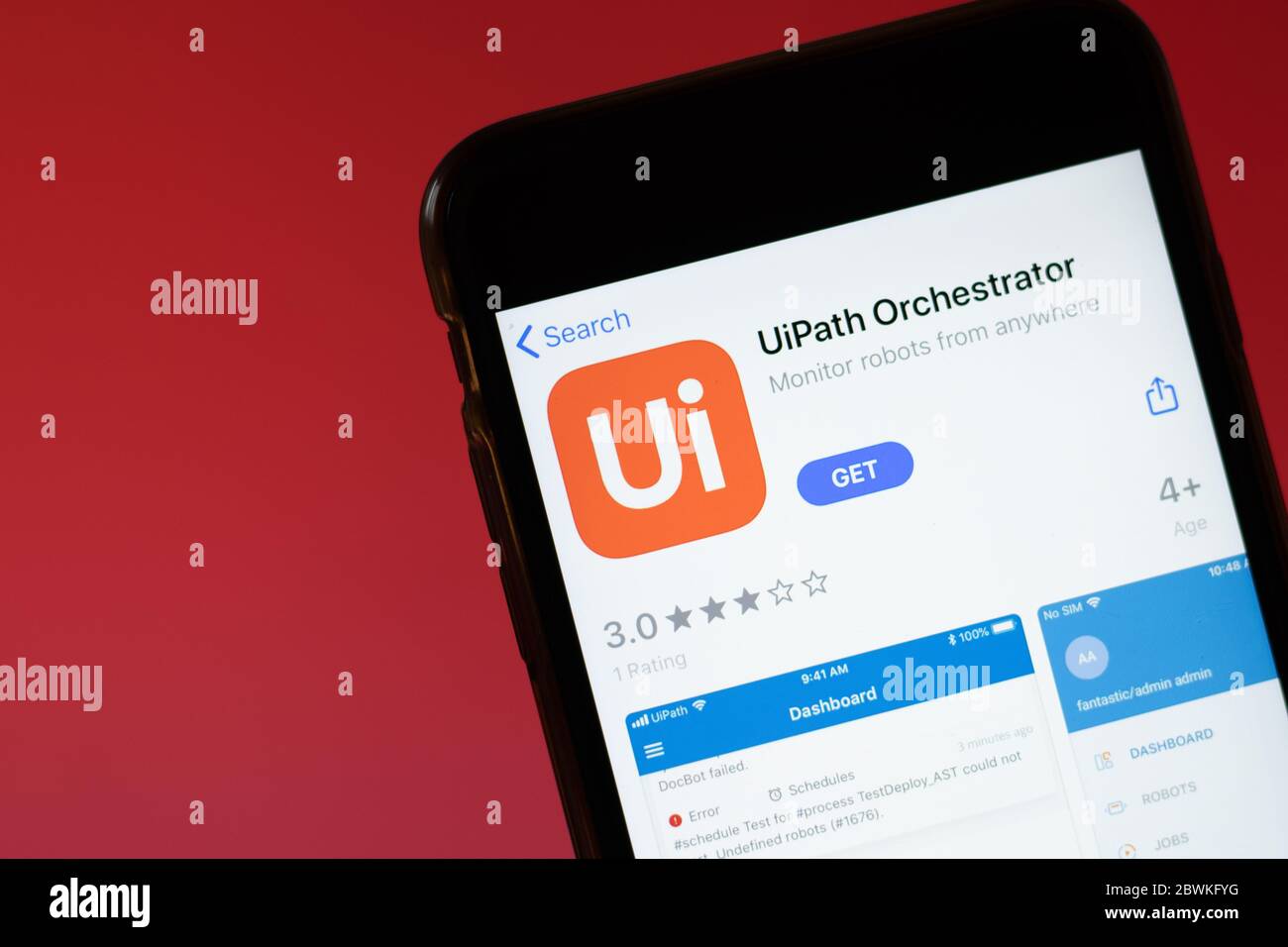 Moscow, Russia - 1 June 2020: UiPath Orchestrator app mobile logo close-up on screen display, Illustrative Editorial. Stock Photo