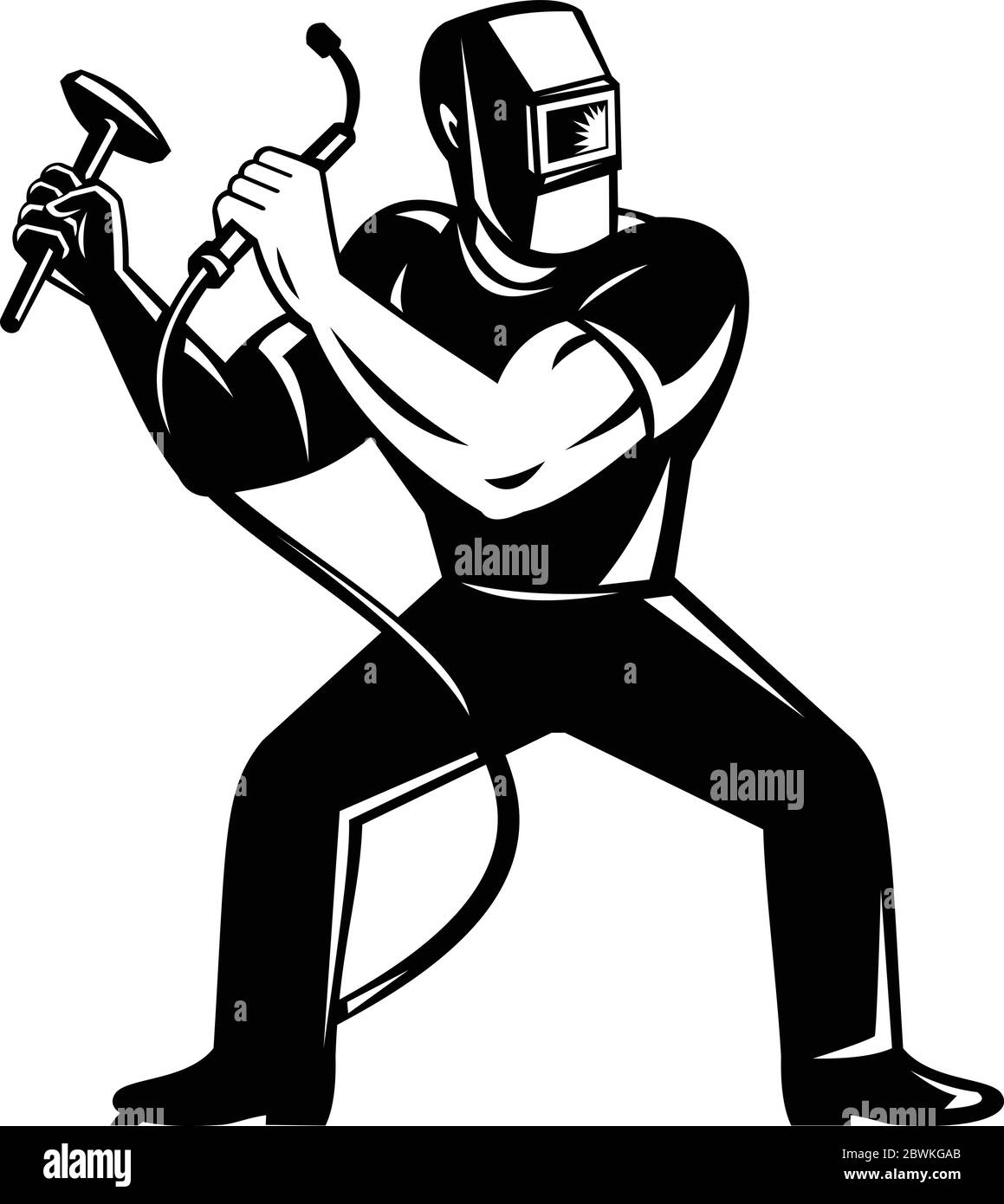 Illustration of Arc welder worker working using welding torch viewed from front squatting on