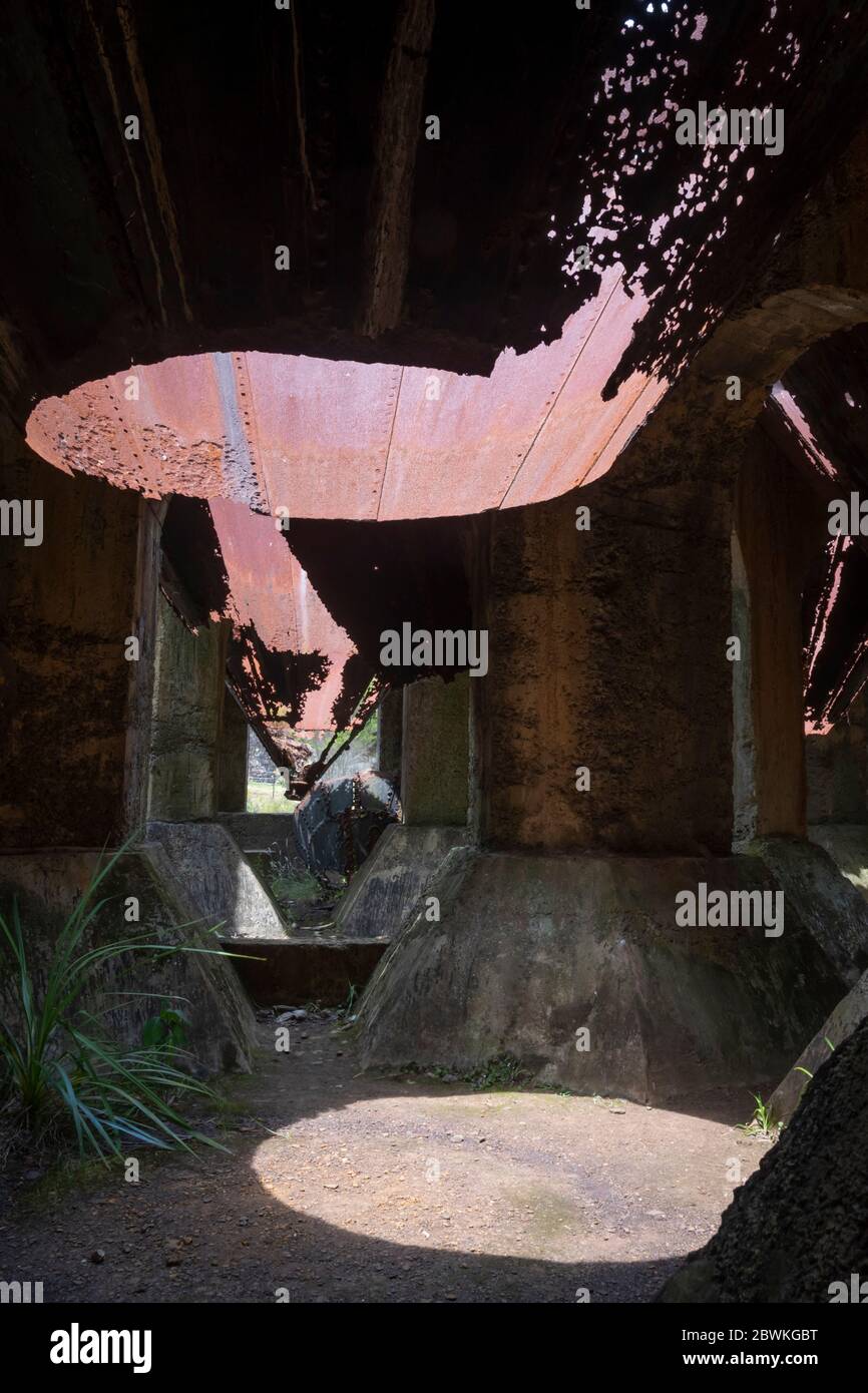 Derelict cyanide tanks at the Victoria Battery, Karangahake Gorge, near Waihi, North Island, New Zealand, Stock Photo