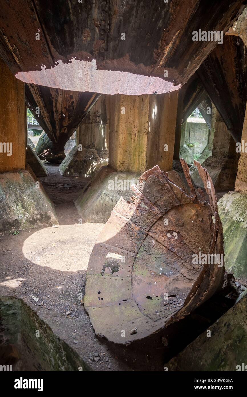 Derelict cyanide tanks at the Victoria Battery, Karangahake Gorge, near Waihi, North Island, New Zealand, Stock Photo