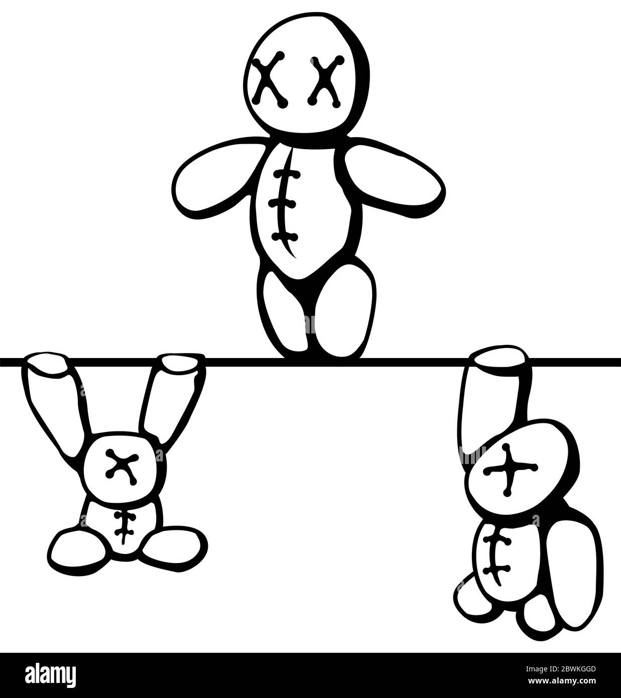 Voodoo doll acrobats stencil black, vector illustration, horizontal