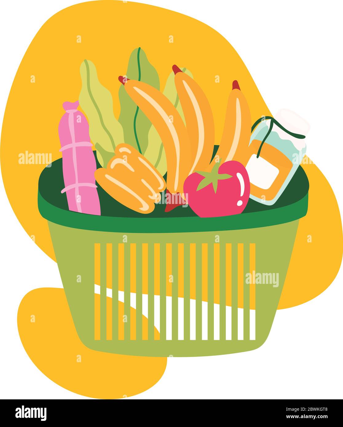 groceries in plastic basket block style Stock Vector