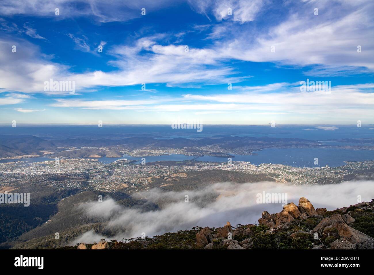 Panoramic view  Hobart and Derwent River from summit Mt Wellington Tasmania Australia Stock Photo