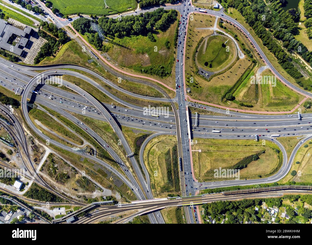 Autobahndreieck Bochum West, motorway junctions Bochum West of A448 and A40, 22.07.2019, aerial view, Germany, North Rhine-Westphalia, Ruhr Area, Bochum Stock Photo