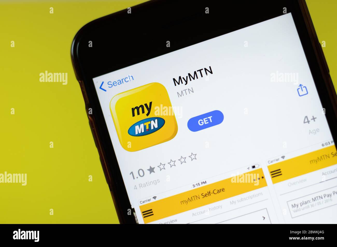 Moscow, Russia - 1 June 2020: MyMTN app mobile logo close-up on screen display, Illustrative Editorial. Stock Photo