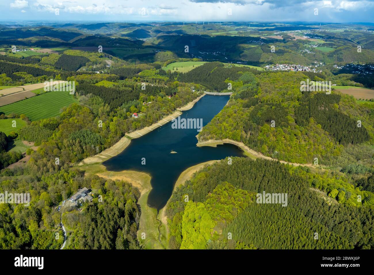 low water mark at storage lake Gloertalsperre, 04.05.2019, aerial view, Germany, North Rhine-Westphalia, Sauerland, Halver Stock Photo