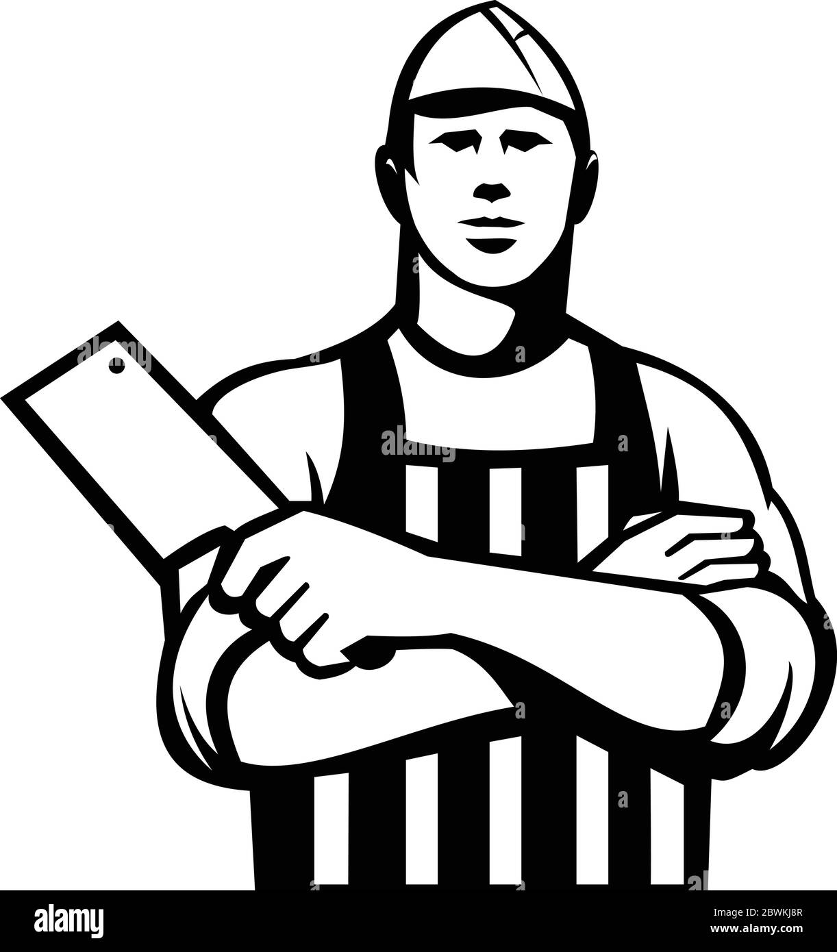 Retro black and white style illustration of a butcher cutter meat