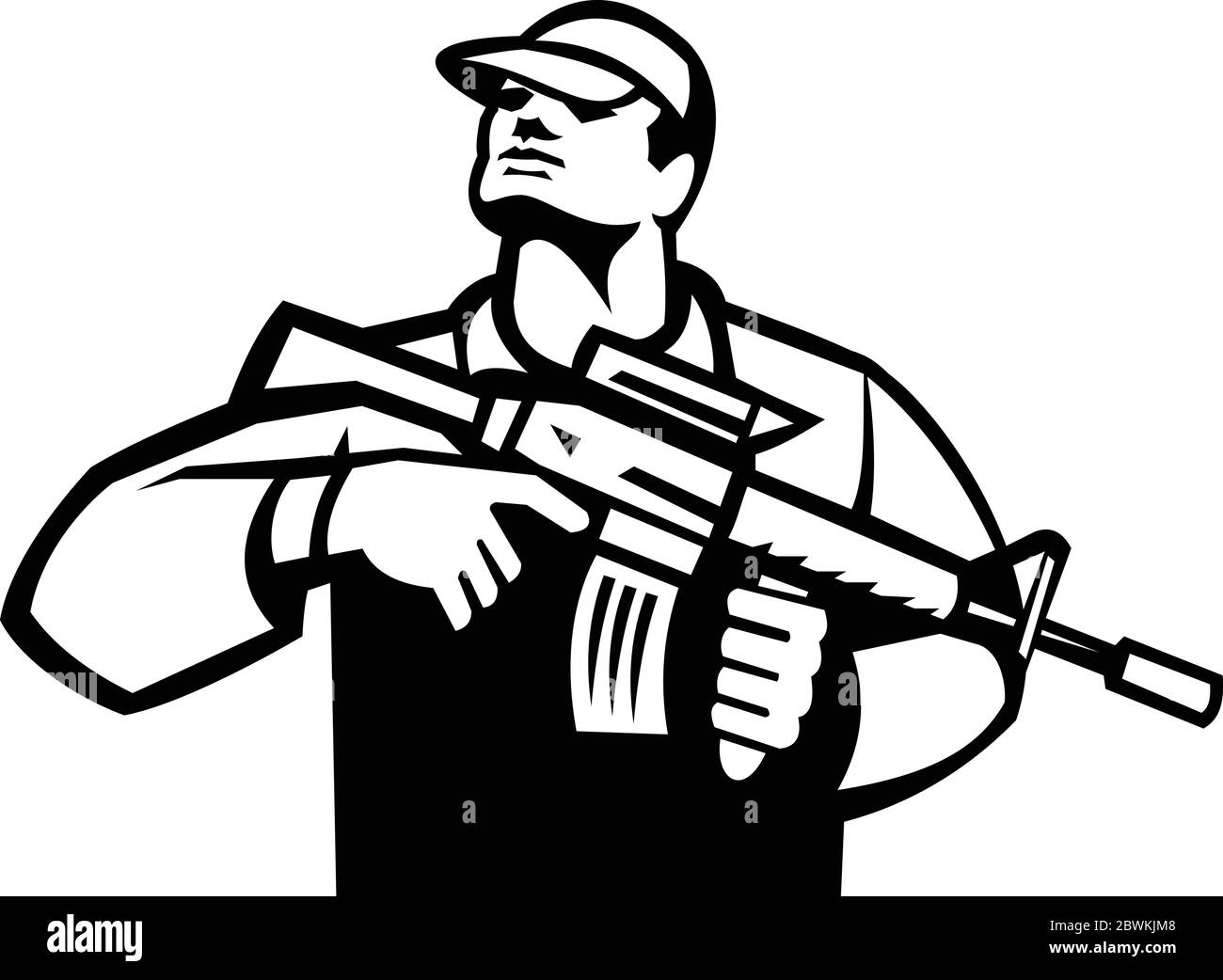 Black and White Illustration of an American soldier serviceman holding an assault rifle facing front looking up on isolated white background. Stock Vector