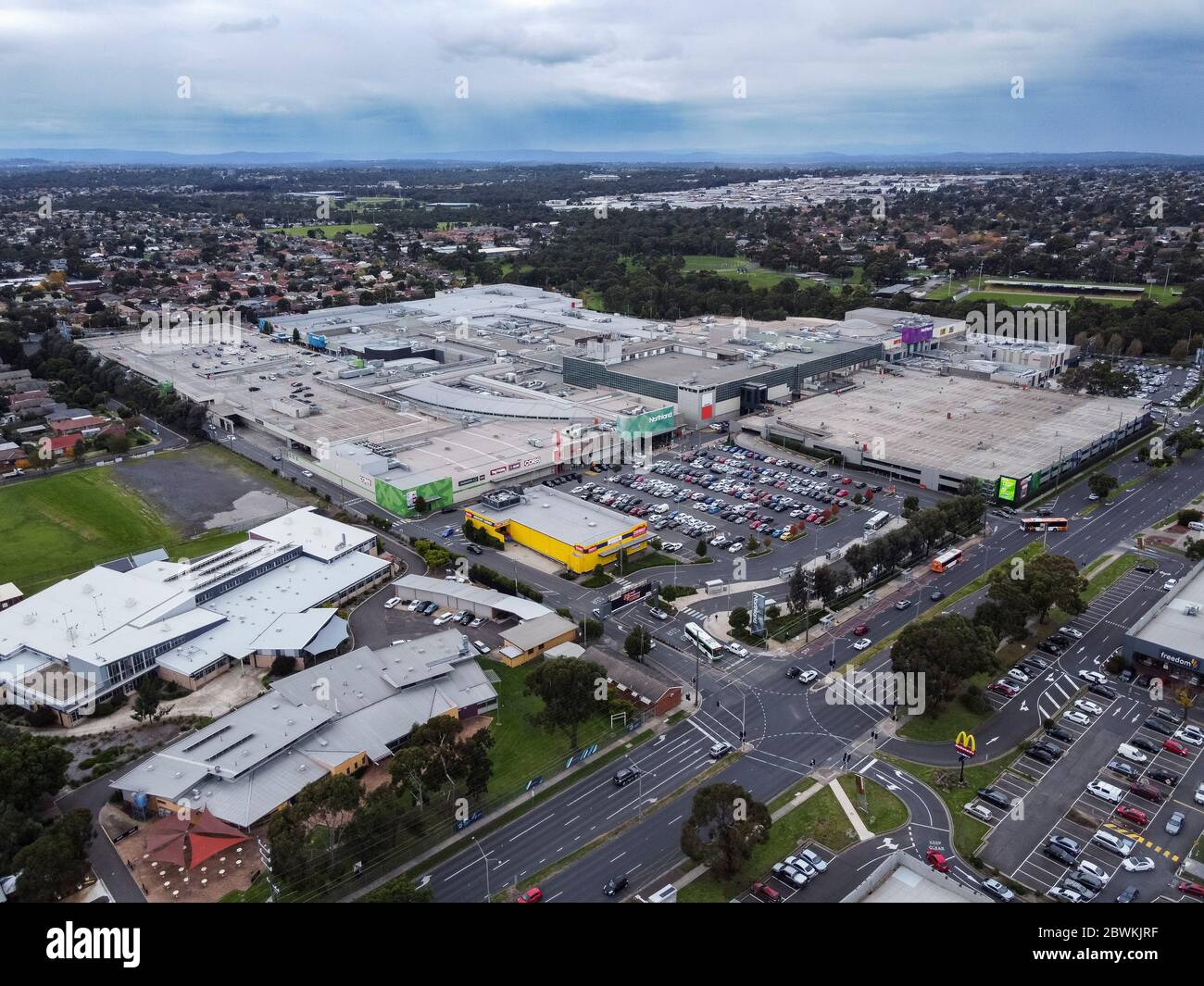 Melbourne Australia May 10th 2020 : Aerial view of Northland shopping centre, a suburban shopping mall in the Melbourne suburb of Preston. Stock Photo