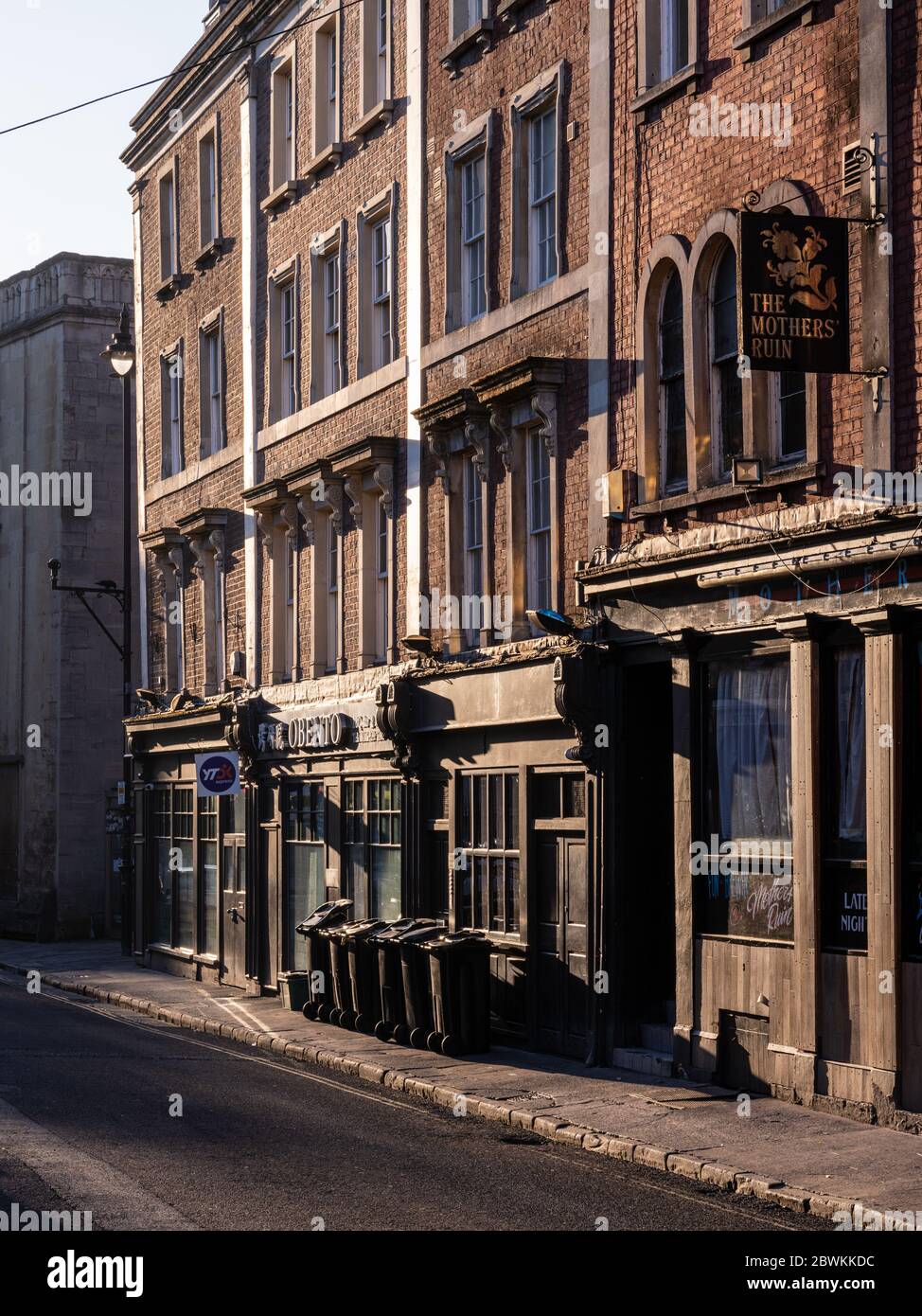 Bristol, England, UK - May 25, 2020: Morning sun shines on traditional buildings on St Nicholas Street in Bristol's old city centre. Stock Photo