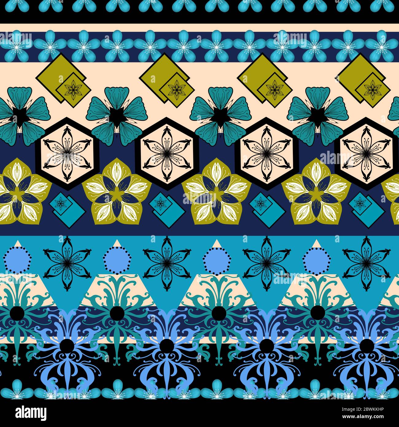 Bright saturated pattern with shapes and flowers in blue, beige and golden colors. Seanless pattern. Stock Photo