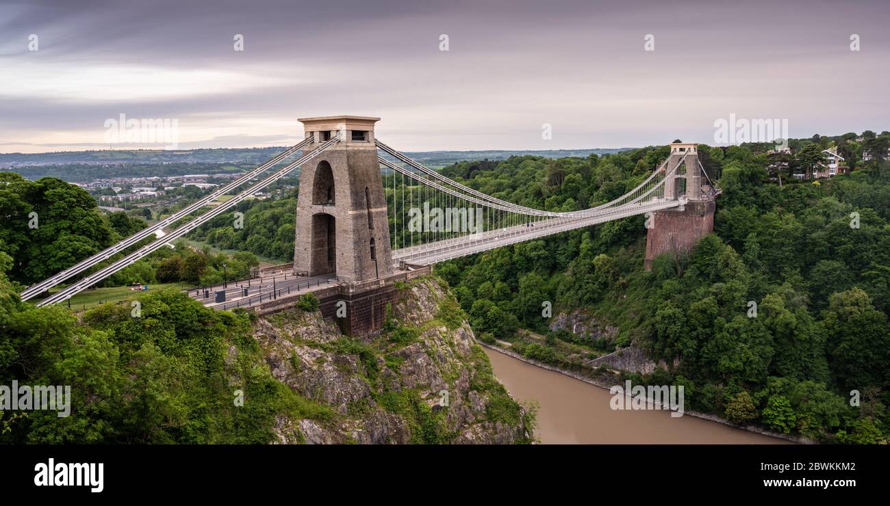 Bristol, England, UK - My 21, 2020: Cyclists and pedestrians cross the iconic Clifton Suspension Bridge between Somerset and Bristol. Stock Photo