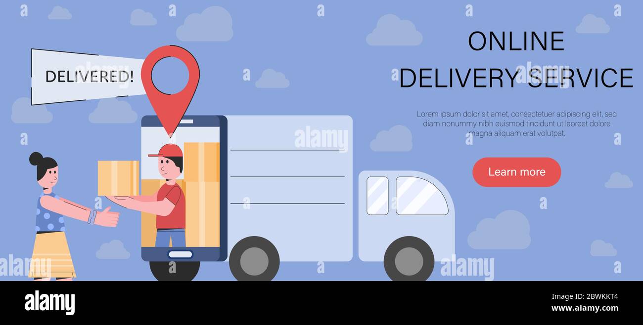 Delivery man in smartphone deliver parcel to woman. Concept online ...