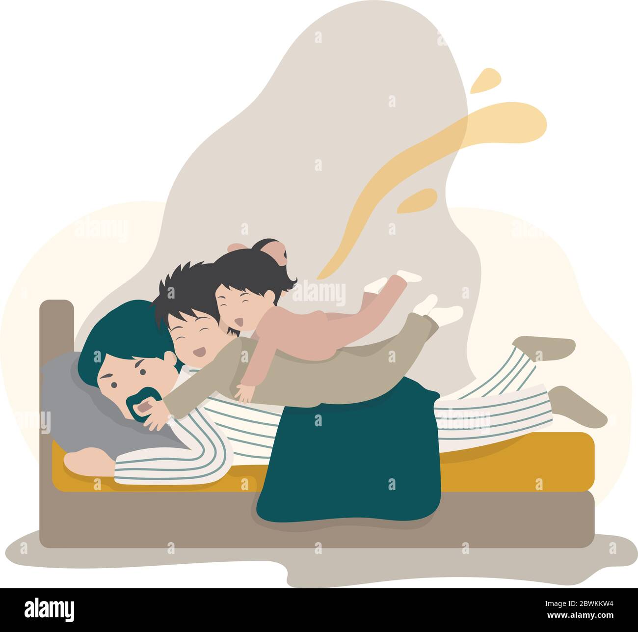 Son and daughter jump onto their daddy for waking him up Stock Vector