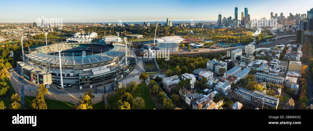 Melbourne Australia May 15th 2020 : Aerial view of the famous Melbourne Cricket Ground stadium  in the late afternoon sun Stock Photo