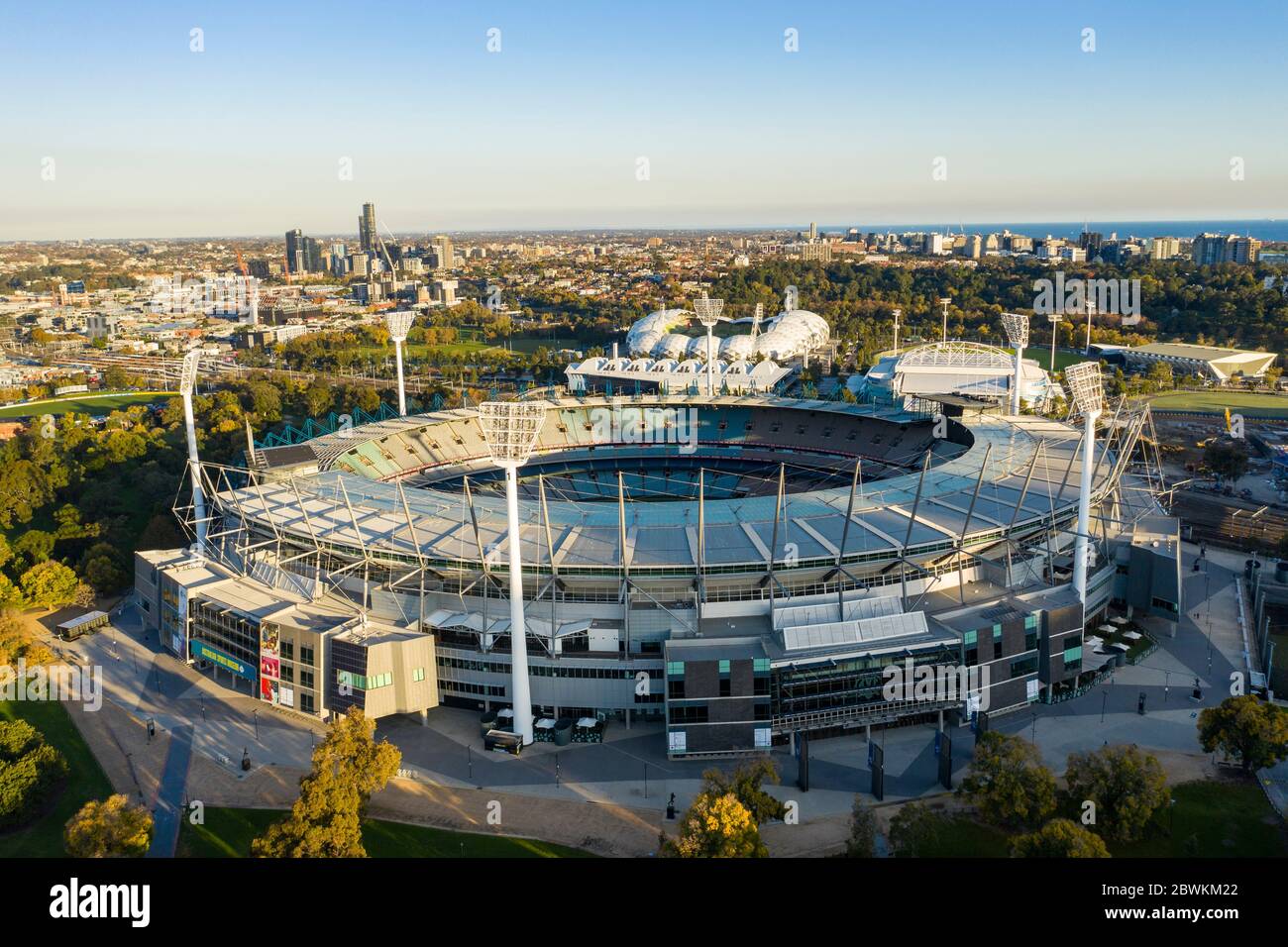 Melbourne Australia May 15th 2020 : Aerial view of the famous Melbourne Cricket Ground stadium  in the late afternoon sun Stock Photo