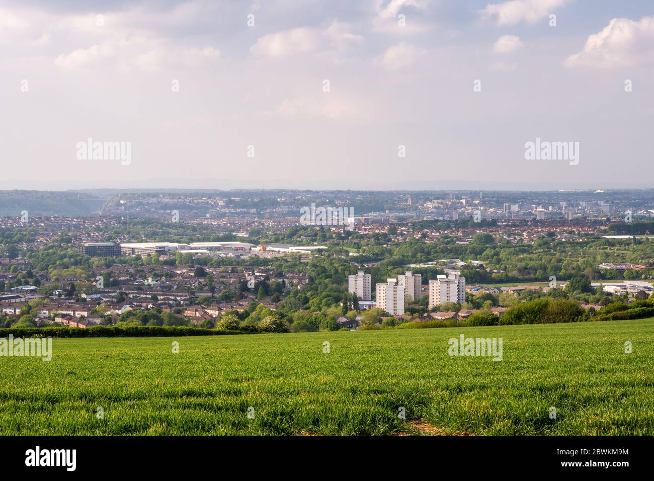 Bristol, England, UK - May 4, 2020:  The cityscape of South Bristol is dominated by the Imperial Park shopping centre and tower blocks of the Hartclif Stock Photo
