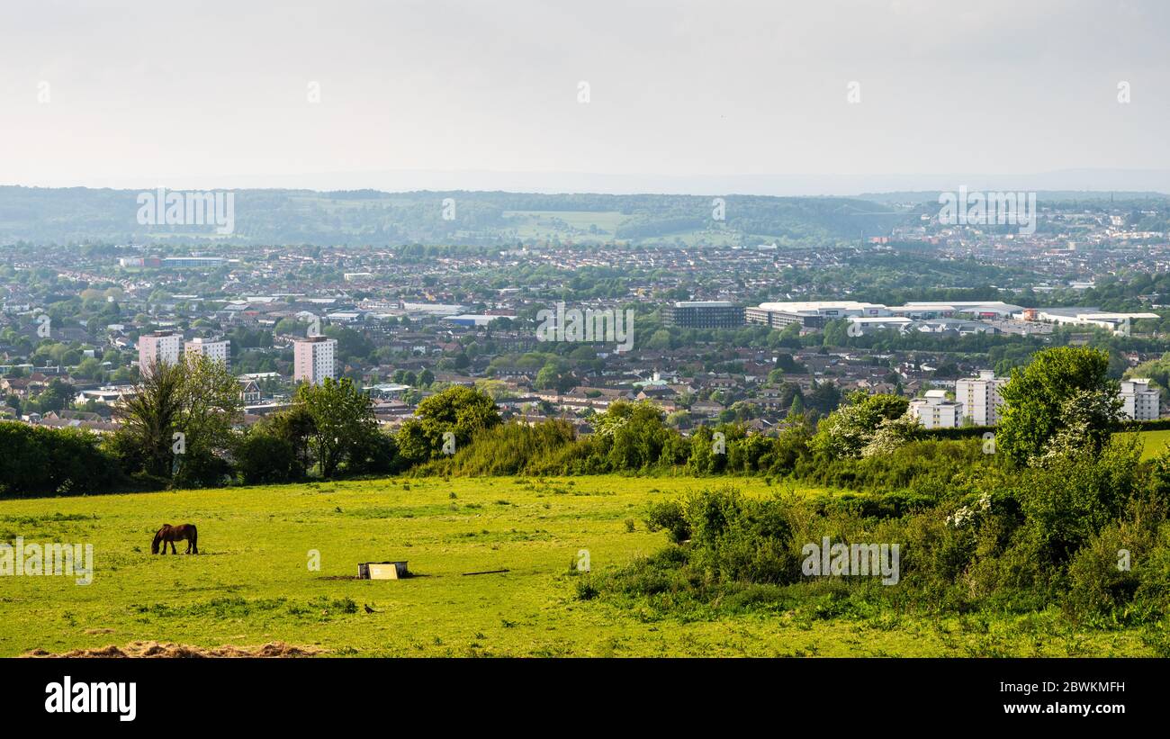 Bristol, England, UK - May 4, 2020: The cityscape of South Bristol is dominated by the Imperial Park shopping centre and tower blocks of the Hartcliff Stock Photo