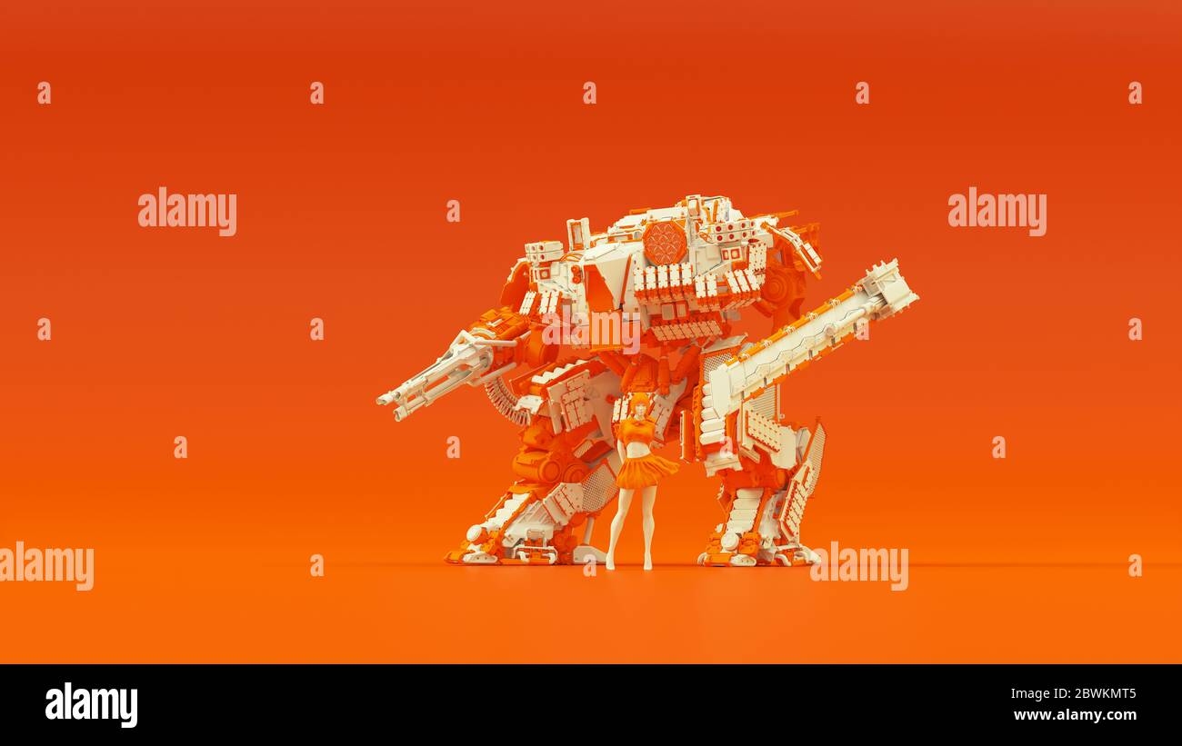 Futuristic AI Battle Droid Cyborg Mech White an Orange with Female Handler Front View 3d illustration 3d render Stock Photo
