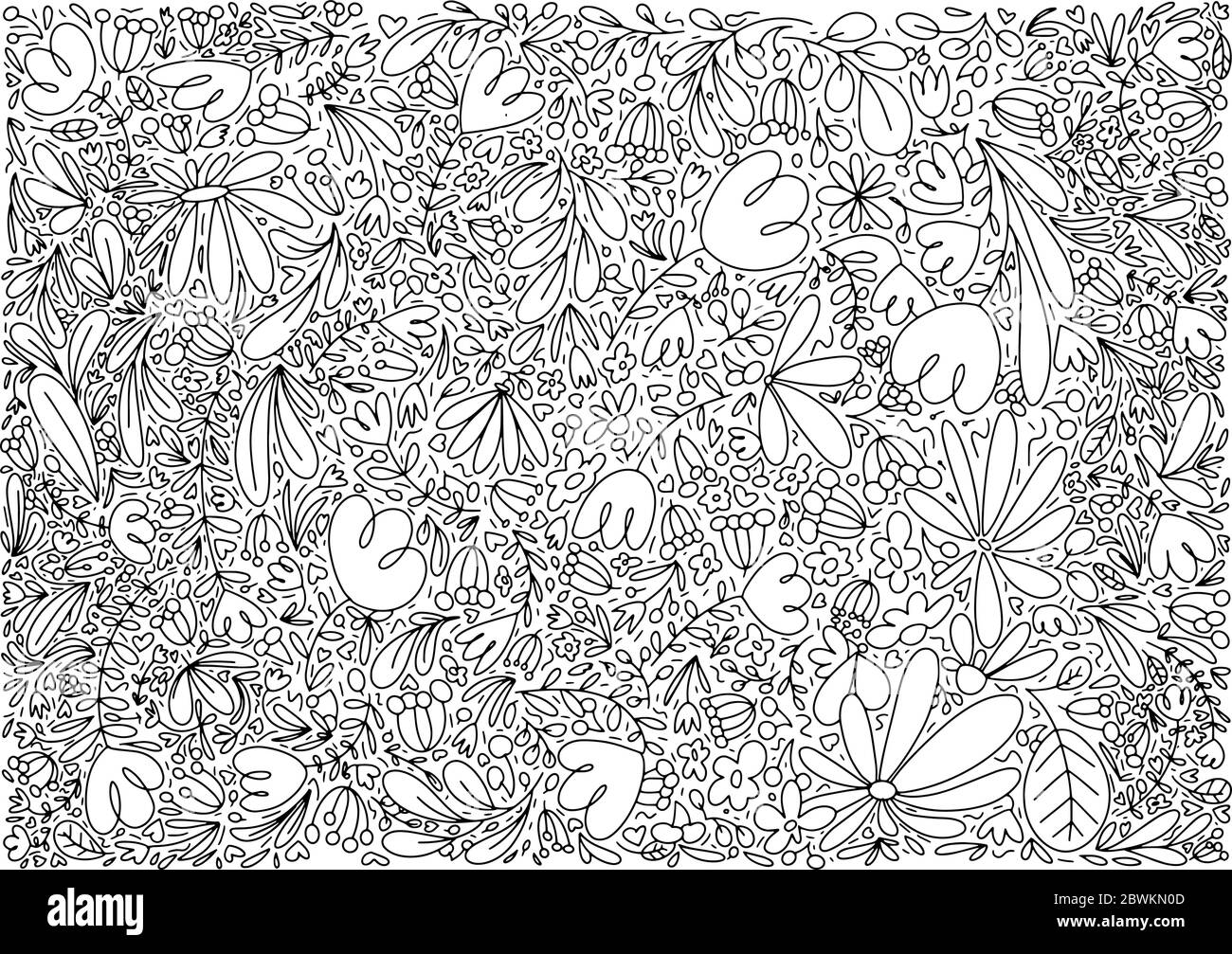 Doodle floral background with flowers, berries and leaves. Vector ...