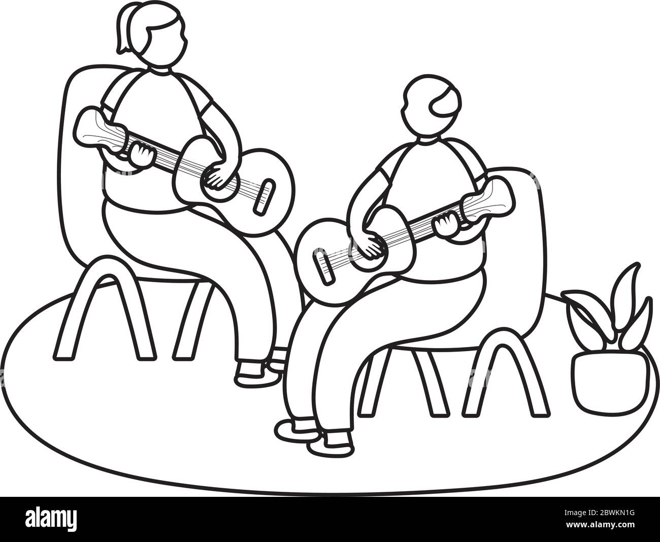 eldery couple playing guitars in home activity line style Stock Vector