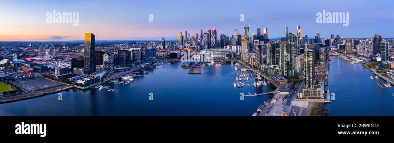 Melbourne Australia May 18th 2020 : Aerial view of Melbourne's docklands precinct with the CBD in the background Stock Photo