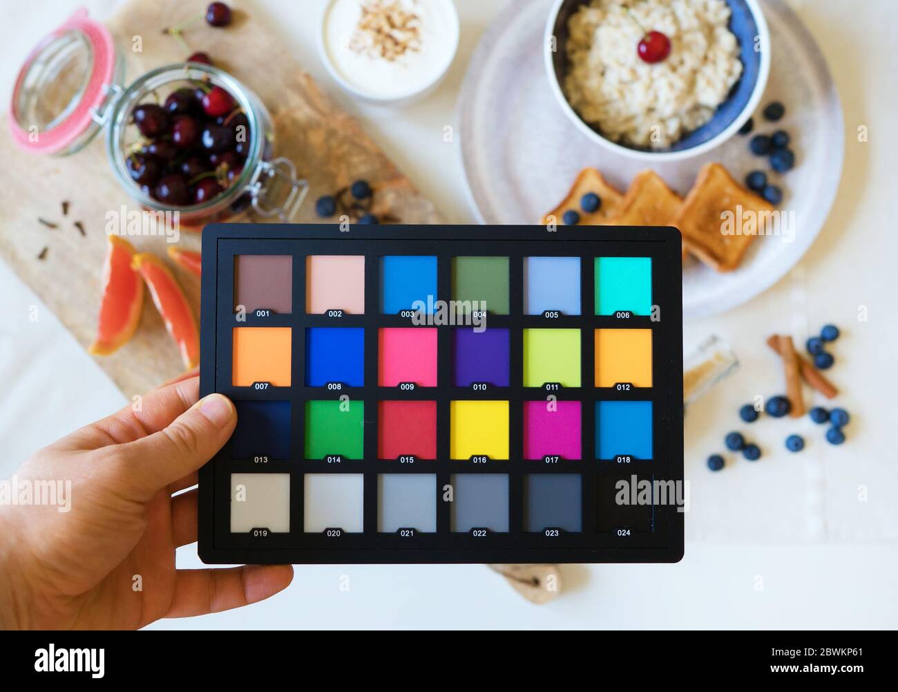 Professional food photography. ColorChecker Color Rendition Chart in assistants hand. Stock Photo