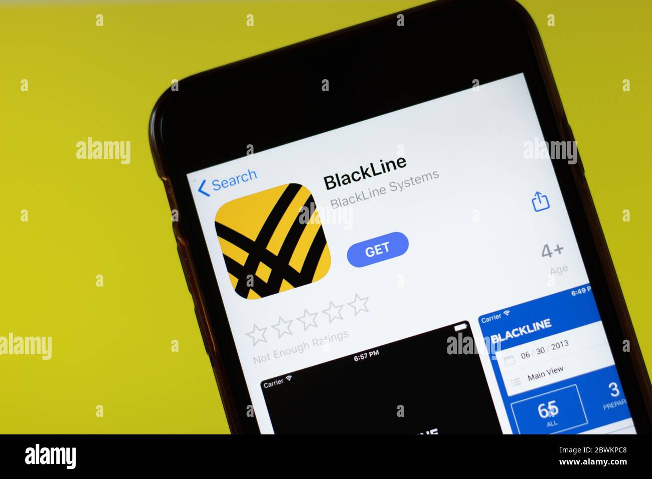 Moscow, Russia - 1 June 2020: BlackLine app mobile logo close-up on screen display, Illustrative Editorial. Stock Photo
