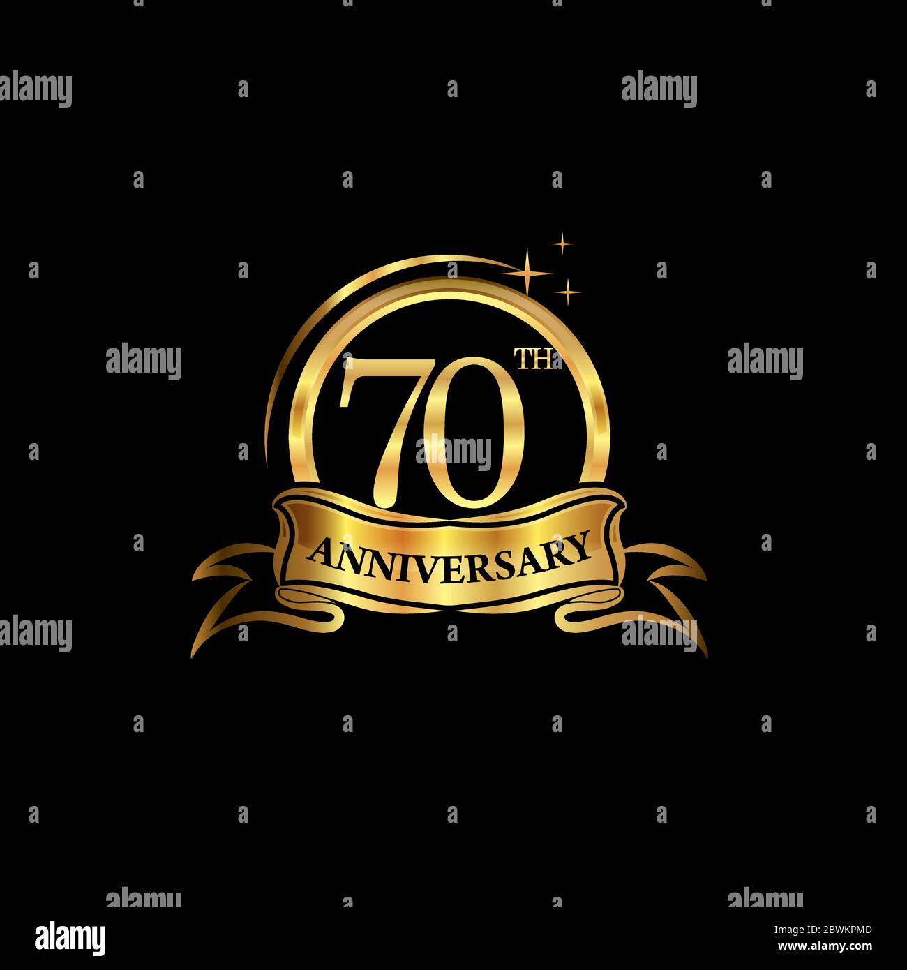 70th anniversary design logotype golden color with ring and gold ribbon for anniversary celebration. EPS10 Stock Vector