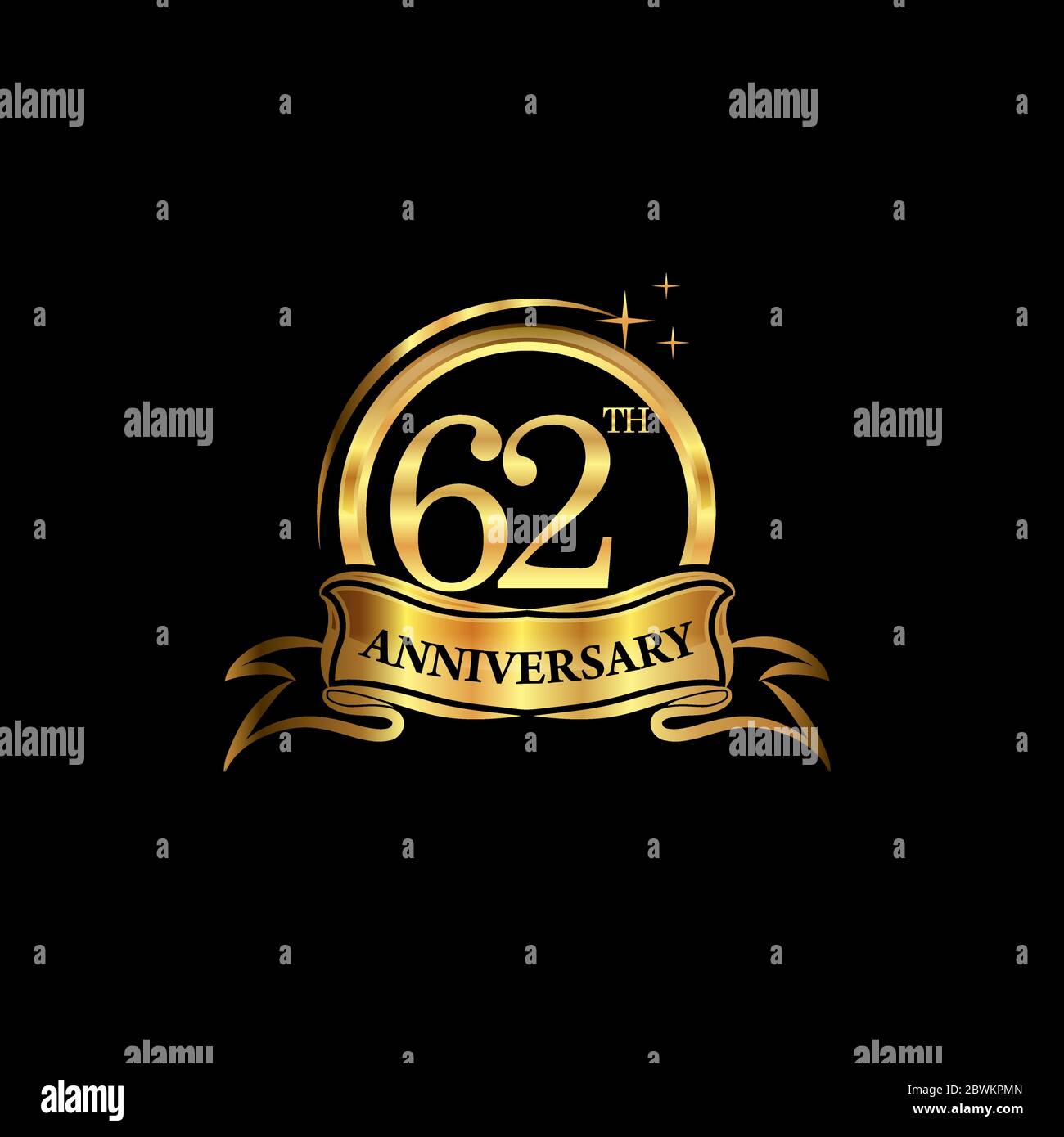 62th anniversary design logotype golden color with ring and gold ribbon for anniversary celebration. EPS10 Stock Vector