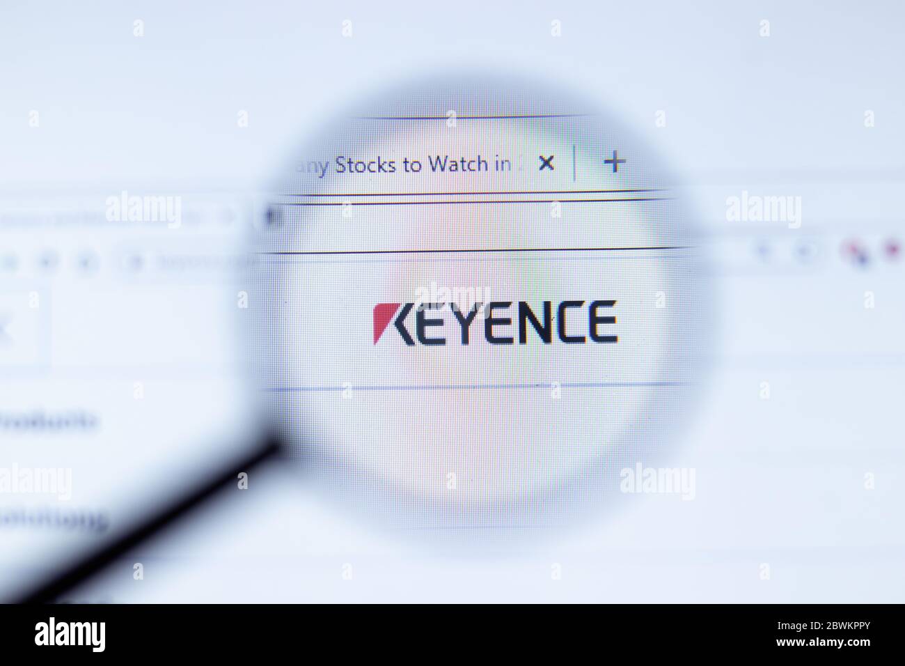 Moscow, Russia - 1 June 2020: Keyence.com website page. Keyence Corp logo on display screen, Illustrative Editorial. Stock Photo